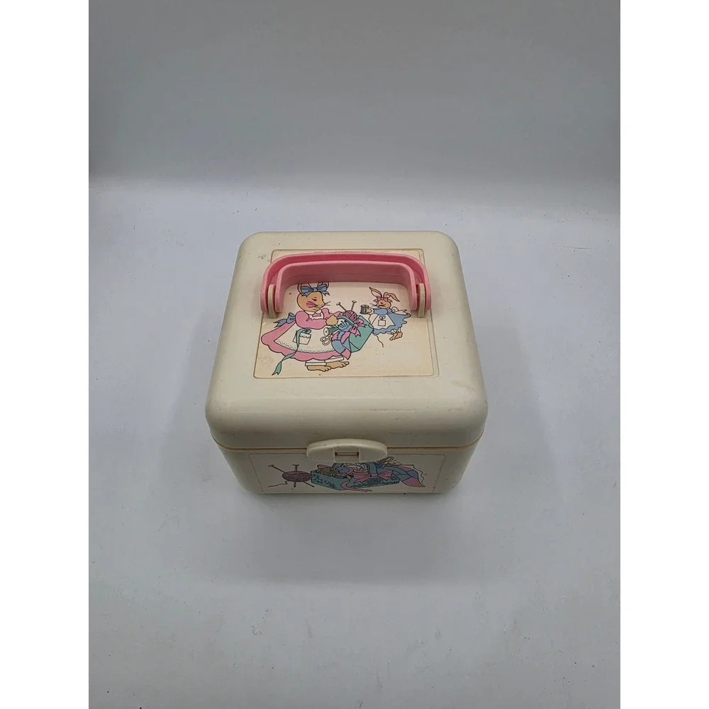 Vintage Sew-N-Play Bunny Rabbit Plastic Carry Case Pink Handle Craft Storage Box